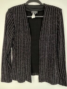 Xscape Womens Medium Evening Cardigan Jacket Black Silver Glitter Stripes LS